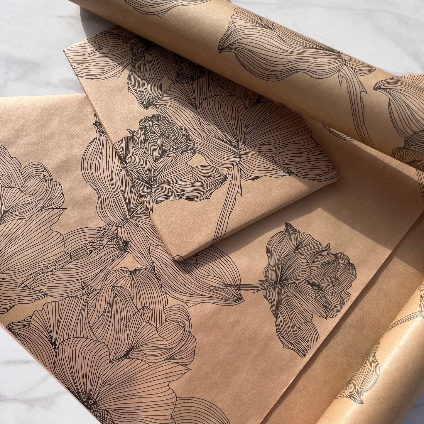 Wrapping Paper Black Floral Print 50CM Wide Eco Friendly, 100% Recycled Kraft | Recyclable, Sustainable, Plastic Free Gift Wrap