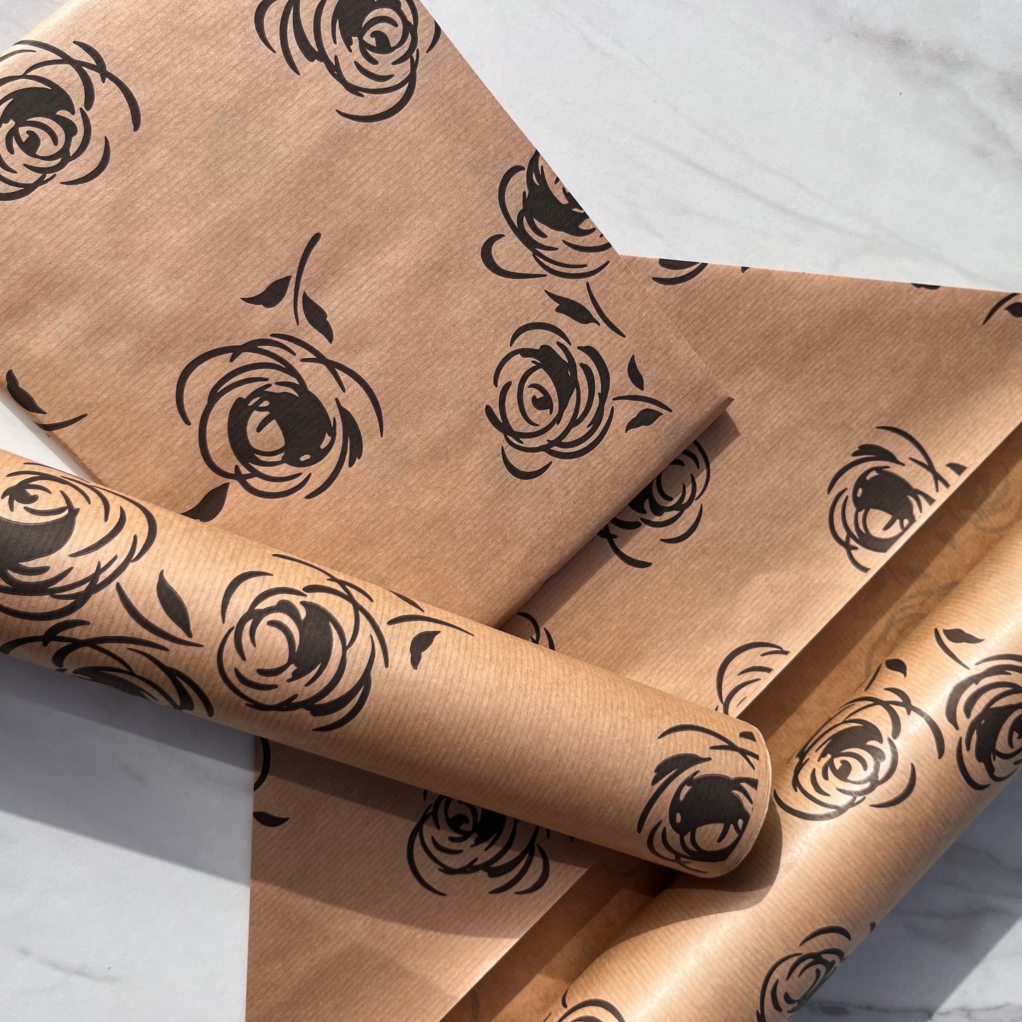 Wrapping Paper Black Rose Print 50CM Wide Eco Friendly, 100% Recycled Kraft | Recyclable, Sustainable, Plastic Free Gift Wrap