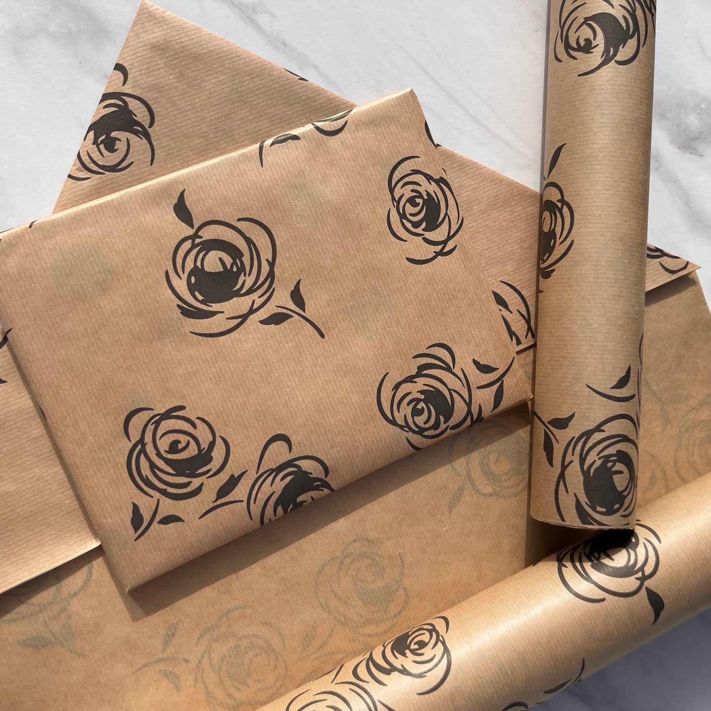 Wrapping Paper Black Rose Print 50CM Wide Eco Friendly, 100% Recycled Kraft | Recyclable, Sustainable, Plastic Free Gift Wrap
