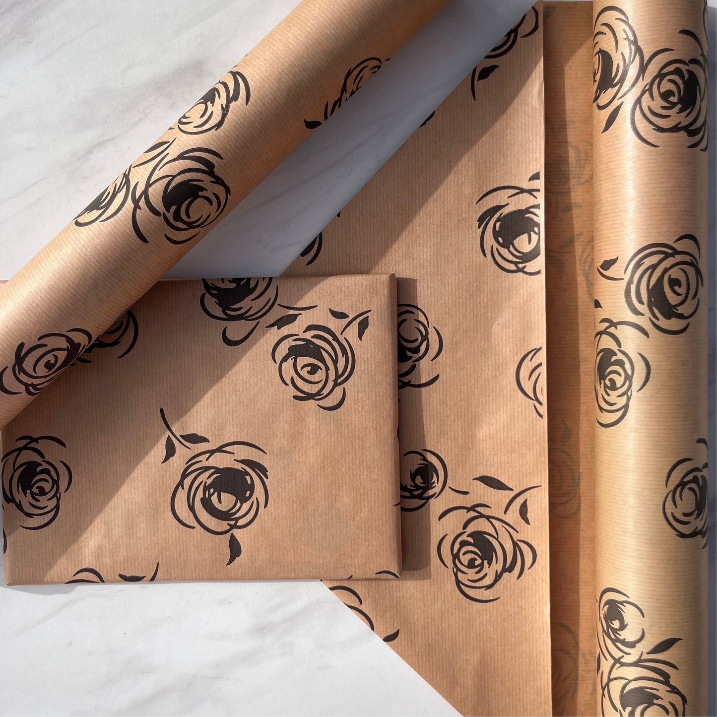 Wrapping Paper Black Rose Print 50CM Wide Eco Friendly, 100% Recycled Kraft | Recyclable, Sustainable, Plastic Free Gift Wrap