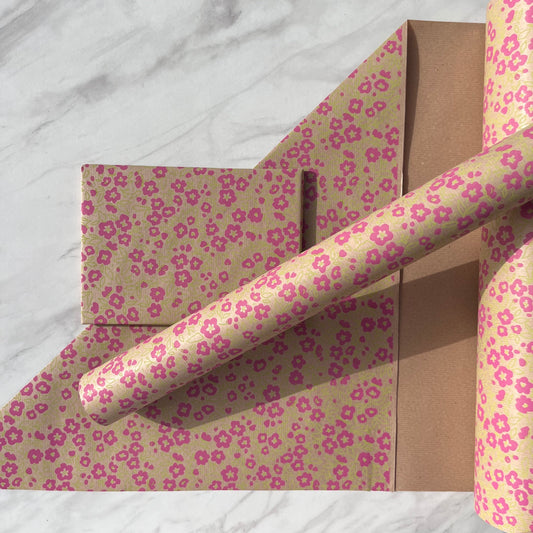 Pink Flowers Eco Friendly Gift Wrapping Paper, 100% Recycled & Recyclable Gift Wrap, Kraft Wrapping Paper, Birthday Wrapping Paper