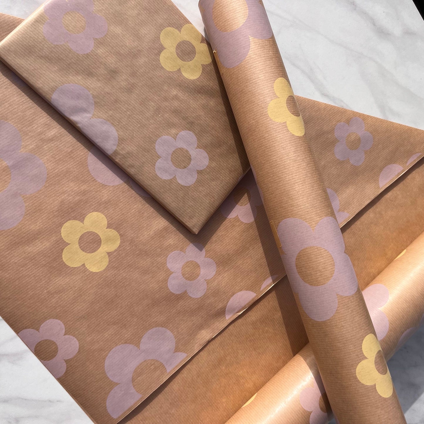 Wrapping Paper Purple Yellow Lilac Floral 50CM Wide Eco Friendly, 100% Recycled Kraft | Recyclable, Sustainable, Plastic Free Gift Wrap