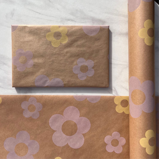 Wrapping Paper Purple Yellow Lilac Floral 50CM Wide Eco Friendly, 100% Recycled Kraft | Recyclable, Sustainable, Plastic Free Gift Wrap