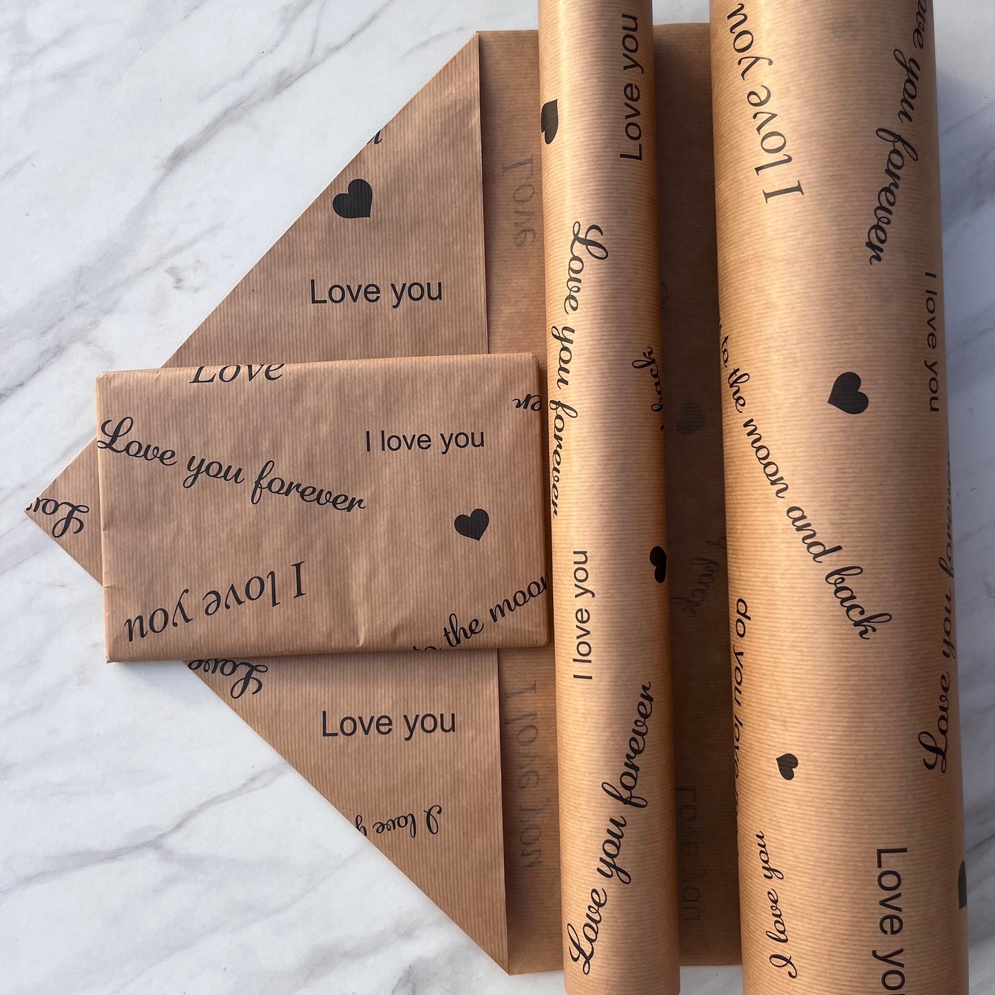 I Love You Print Eco Friendly Gift Wrapping Paper, 100% Recycled & Recyclable, Sustainable Kraft Wrap, Birthdays, Christmas, Valentines Day.