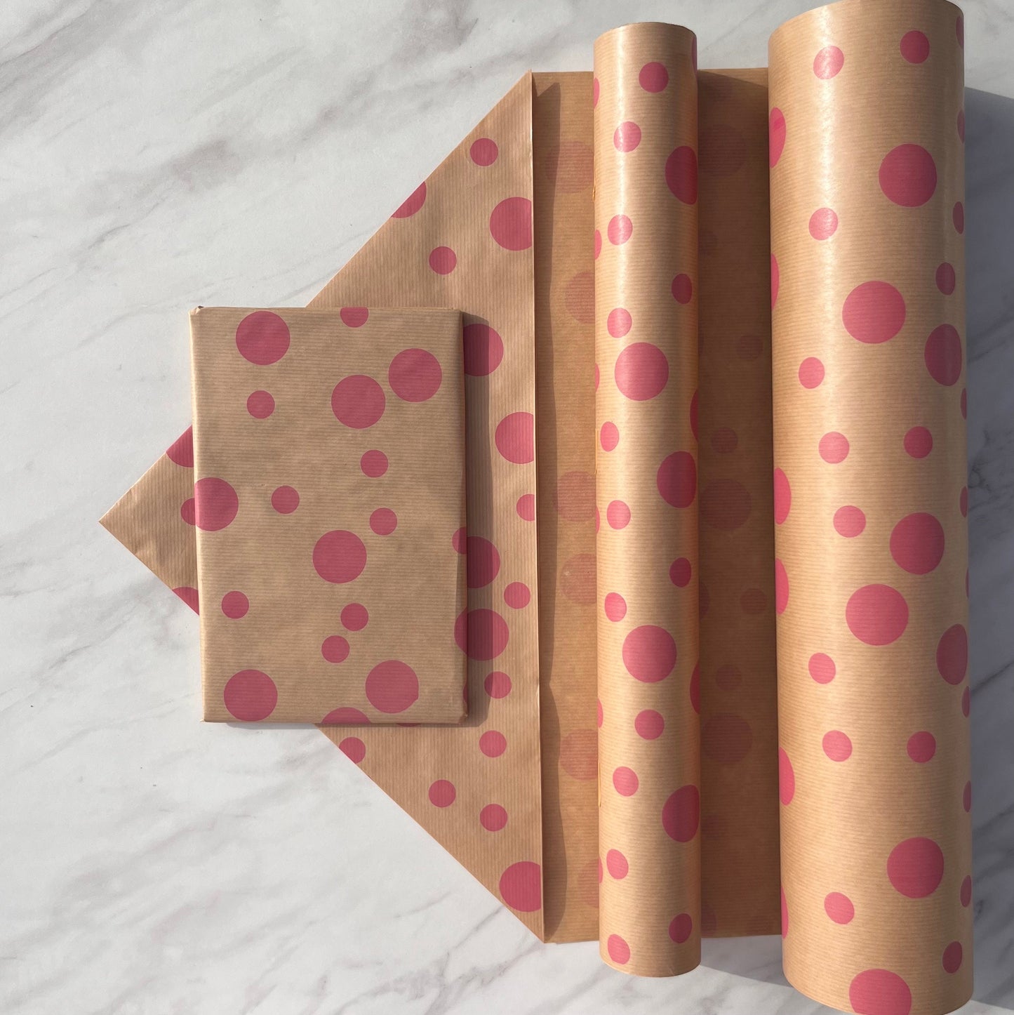 Wrapping Paper Pink Polka 50CM Wide Eco Friendly, 100% Recycled Kraft | Recyclable, Sustainable, Plastic Free Gift Wrap
