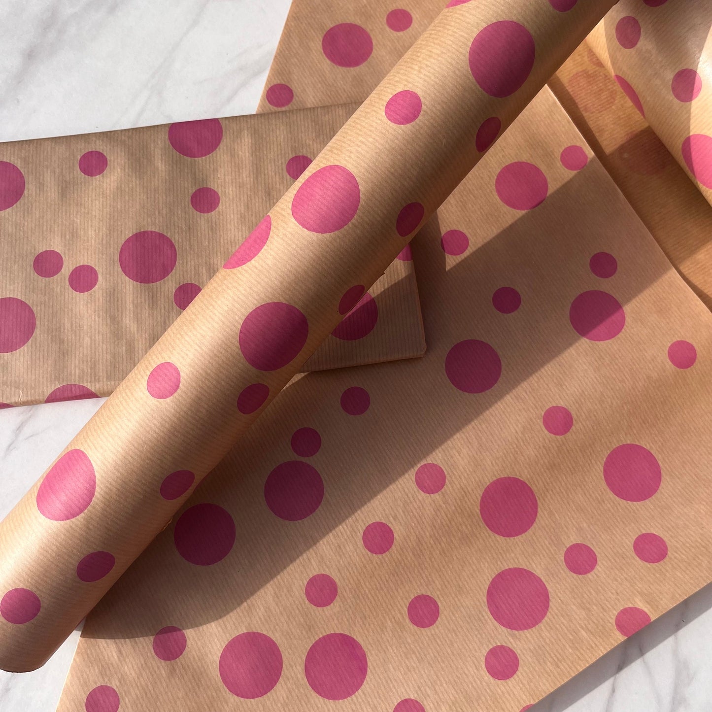 Wrapping Paper Pink Polka 50CM Wide Eco Friendly, 100% Recycled Kraft | Recyclable, Sustainable, Plastic Free Gift Wrap