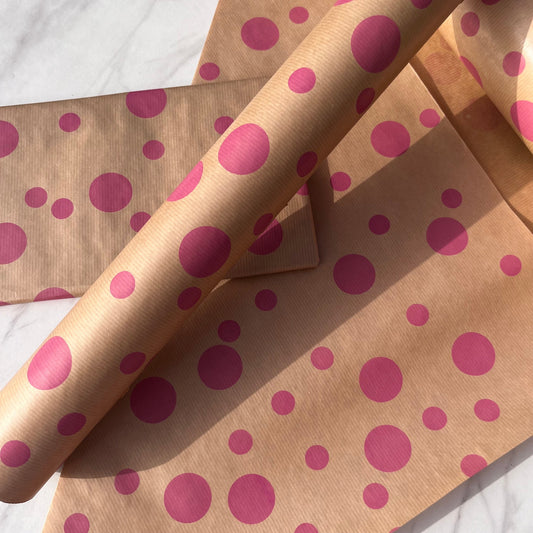 Wrapping Paper Pink Polka 50CM Wide Eco Friendly, 100% Recycled Kraft | Recyclable, Sustainable, Plastic Free Gift Wrap