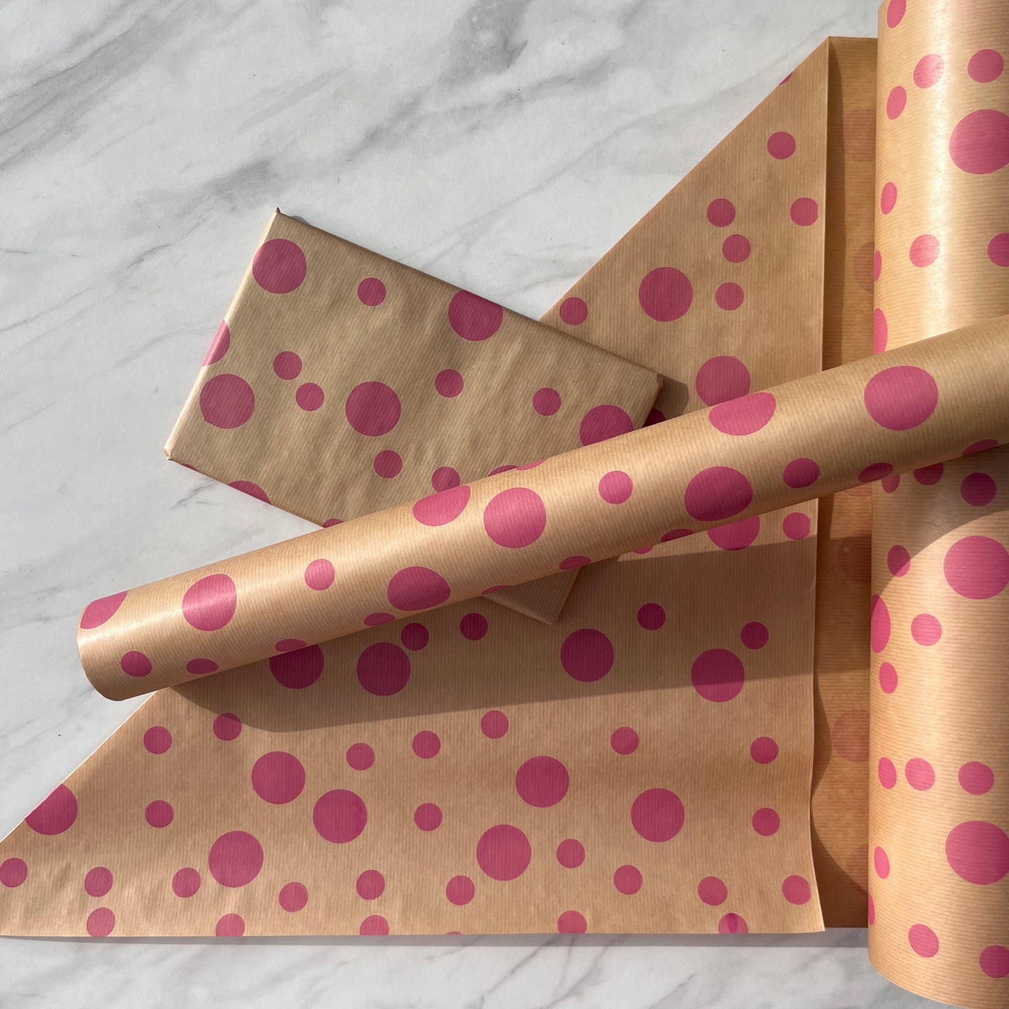Wrapping Paper Pink Polka 50CM Wide Eco Friendly, 100% Recycled Kraft | Recyclable, Sustainable, Plastic Free Gift Wrap