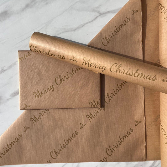 Christmas Gold Merry Christmas Writing, Eco Friendly Gift Wrapping Paper, 100% Recycled & Recyclable, Sustainable Kraft Wrapping Paper,