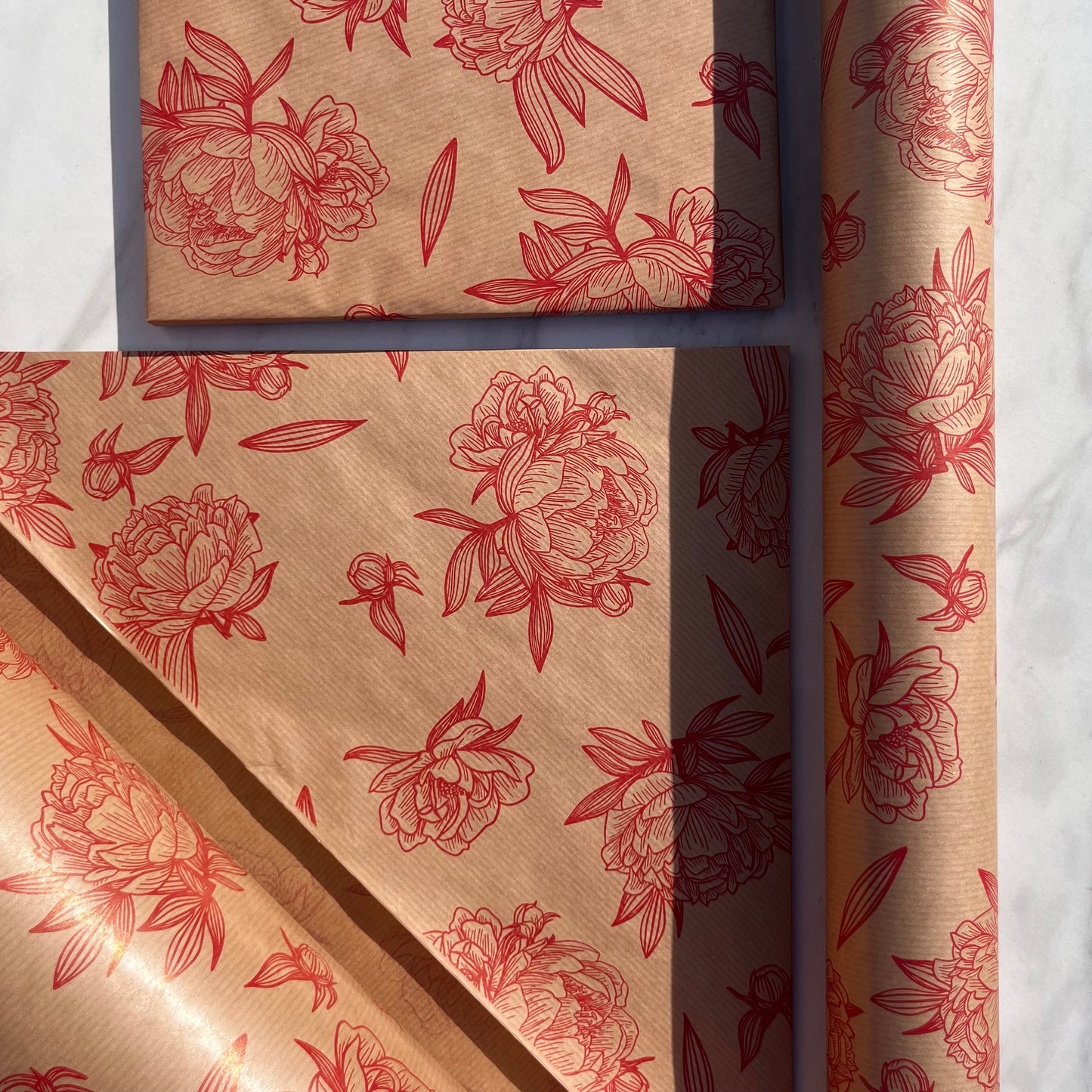 Wrapping Paper Red Floral Impressions 50CM Wide Eco Friendly, 100% Recycled Kraft | Recyclable, Sustainable, Plastic Free Gift Wrap