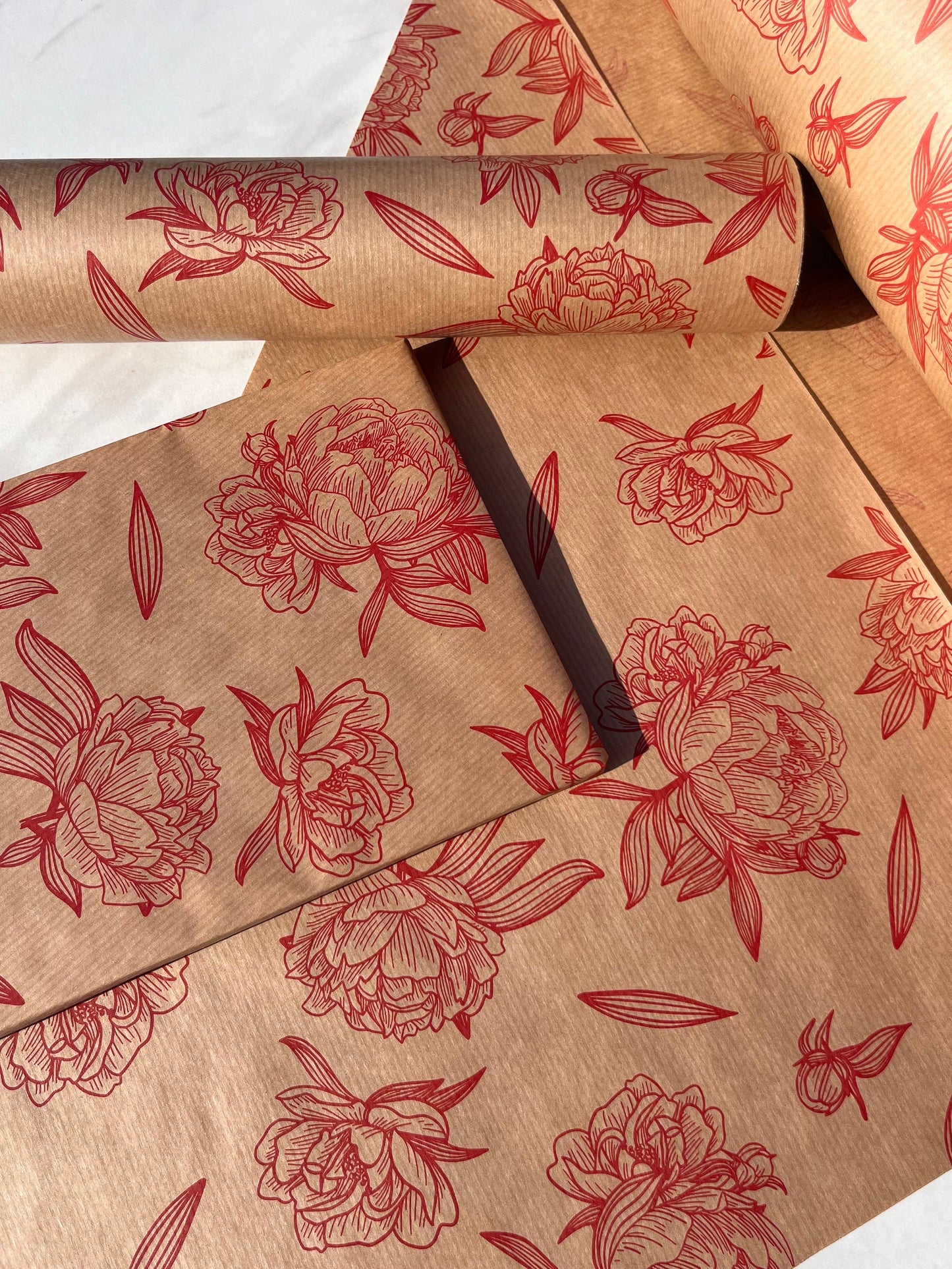 Wrapping Paper Red Floral Impressions 50CM Wide Eco Friendly, 100% Recycled Kraft | Recyclable, Sustainable, Plastic Free Gift Wrap