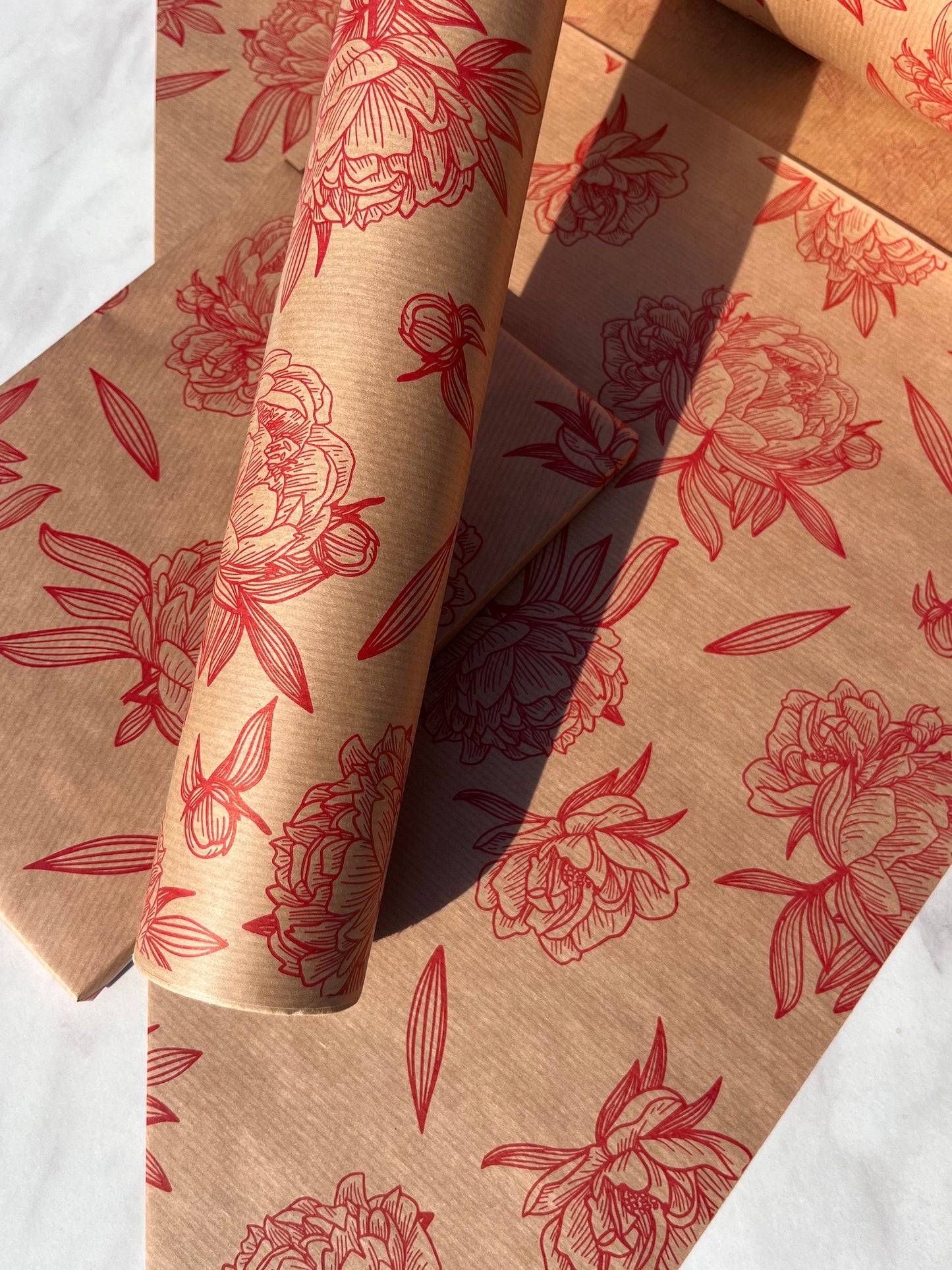 Wrapping Paper Red Floral Impressions 50CM Wide Eco Friendly, 100% Recycled Kraft | Recyclable, Sustainable, Plastic Free Gift Wrap
