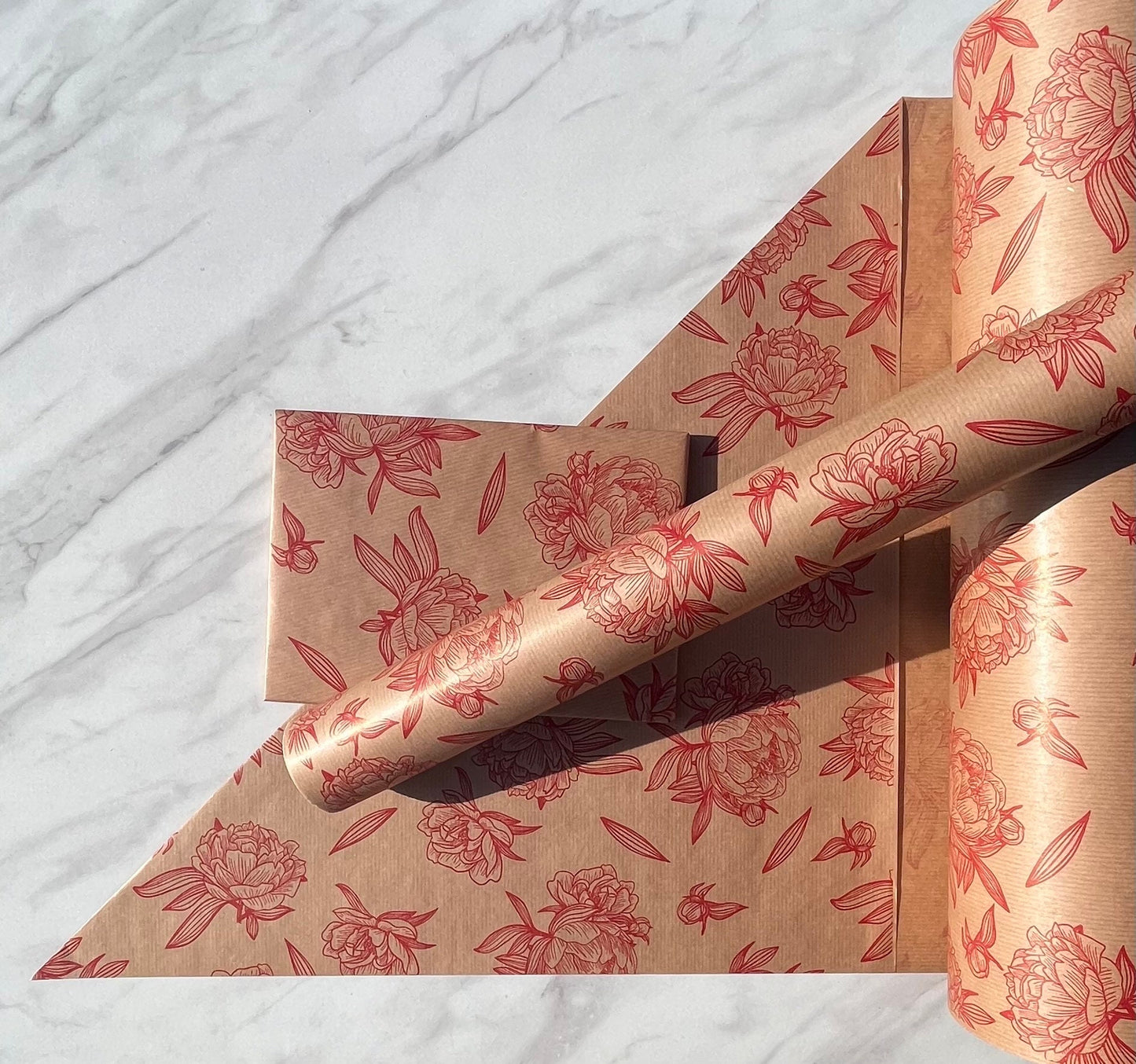 Wrapping Paper Red Floral Impressions 50CM Wide Eco Friendly, 100% Recycled Kraft | Recyclable, Sustainable, Plastic Free Gift Wrap