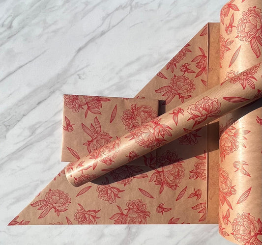 Wrapping Paper Red Floral Impressions 50CM Wide Eco Friendly, 100% Recycled Kraft | Recyclable, Sustainable, Plastic Free Gift Wrap