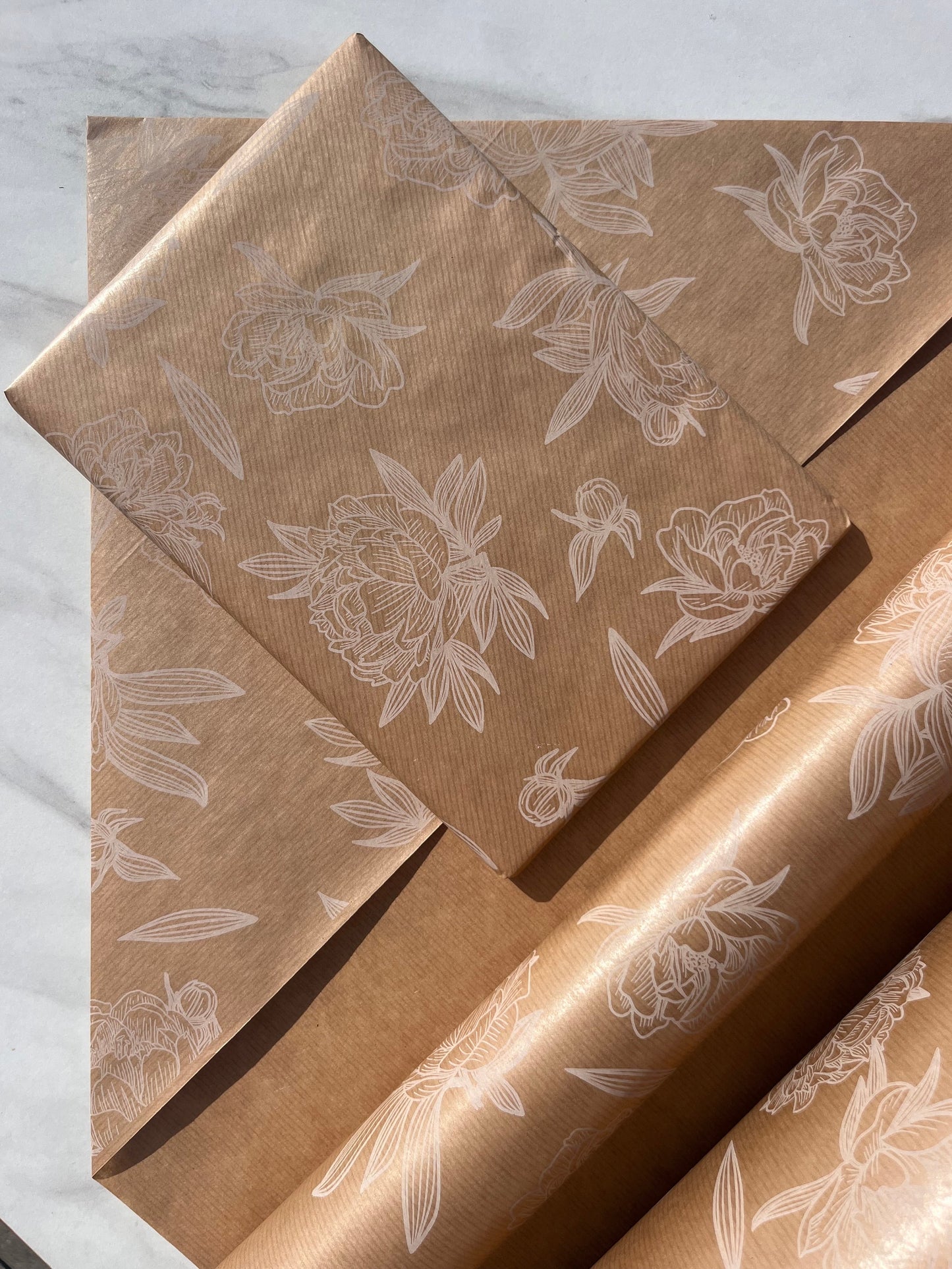 Wrapping Paper White Floral 50CM Wide Eco Friendly, 100% Recycled Kraft | Recyclable, Sustainable, Plastic Free Gift Wrap