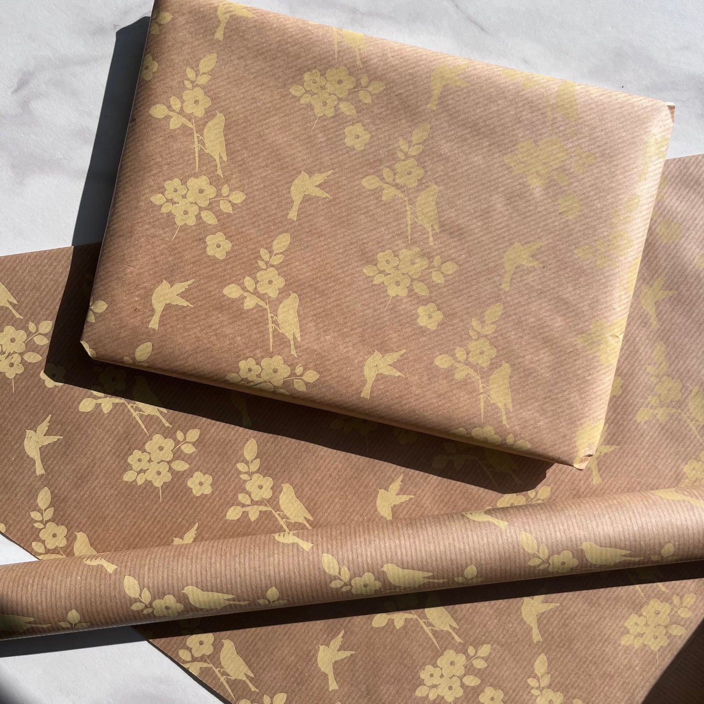 Wrapping Paper Yellow Birds Blossom 50CM Wide Eco Friendly, 100% Recycled Kraft | Recyclable, Sustainable, Plastic Free Gift Wrap