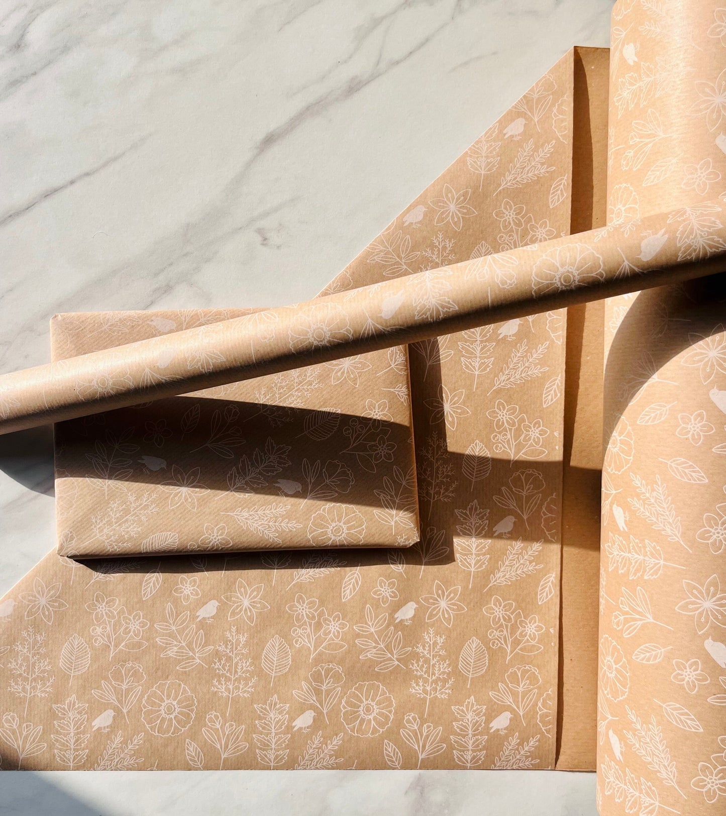 Wrapping Paper White Garden Flowers 50CM Wide Eco Friendly, 100% Recycled Kraft | Recyclable, Sustainable, Plastic Free Gift Wrap
