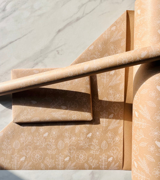 Wrapping Paper White Garden Flowers 50CM Wide Eco Friendly, 100% Recycled Kraft | Recyclable, Sustainable, Plastic Free Gift Wrap