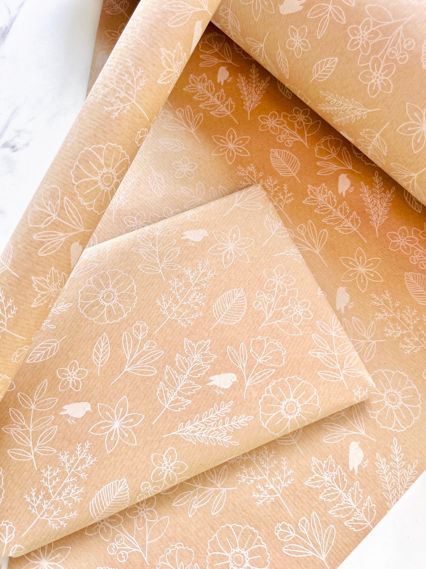 Wrapping Paper White Garden Flowers 50CM Wide Eco Friendly, 100% Recycled Kraft | Recyclable, Sustainable, Plastic Free Gift Wrap