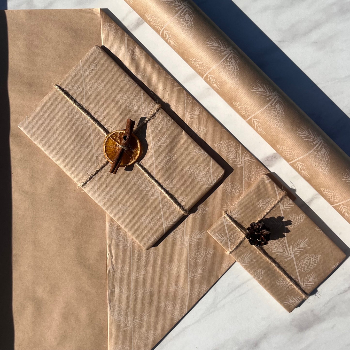 Wrapping Paper Christmas Pine Cones 50CM Wide Eco Friendly, 100% Recycled Kraft | Recyclable, Sustainable, Plastic Free Gift Wrap