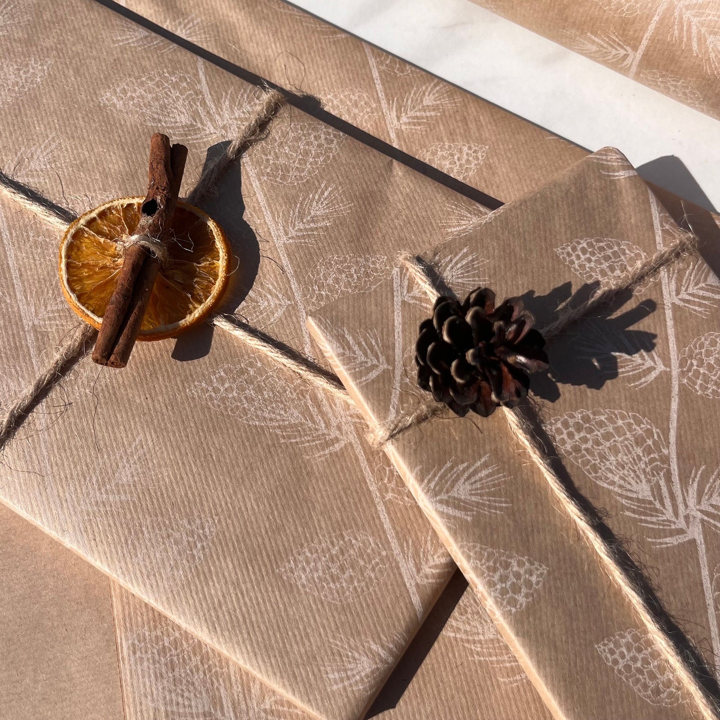Wrapping Paper Christmas Pine Cones 50CM Wide Eco Friendly, 100% Recycled Kraft | Recyclable, Sustainable, Plastic Free Gift Wrap