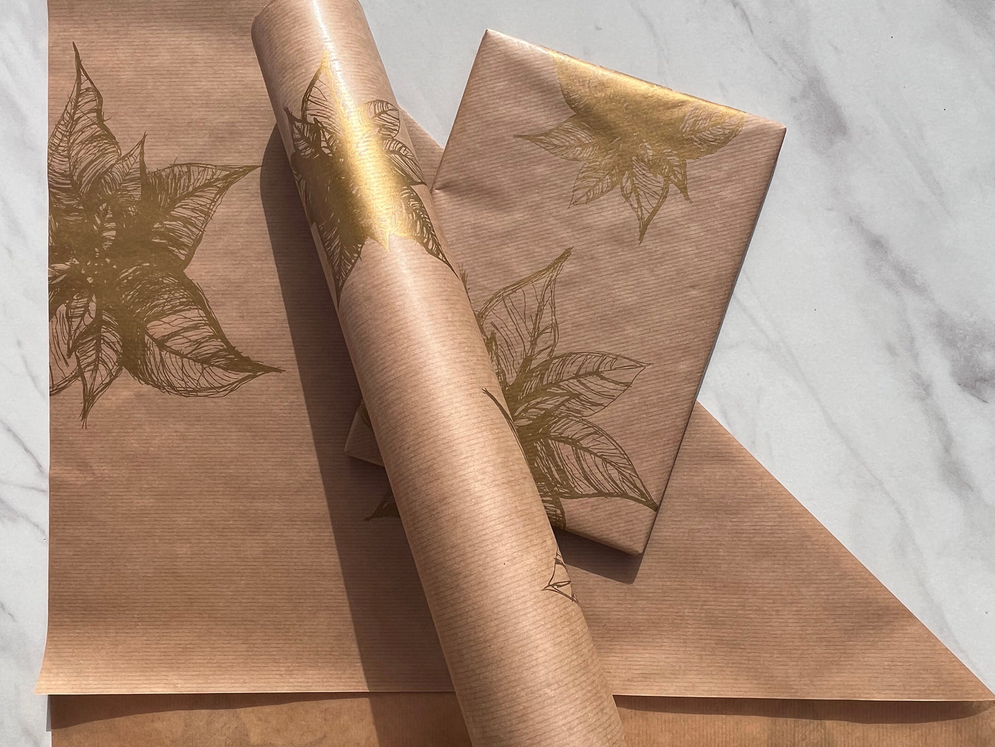 Christmas Gold Poinsettia Eco Friendly Gift Wrapping Paper, 100% Recycled & Recyclable, Luxury Sustainable Kraft Wrapping Paper