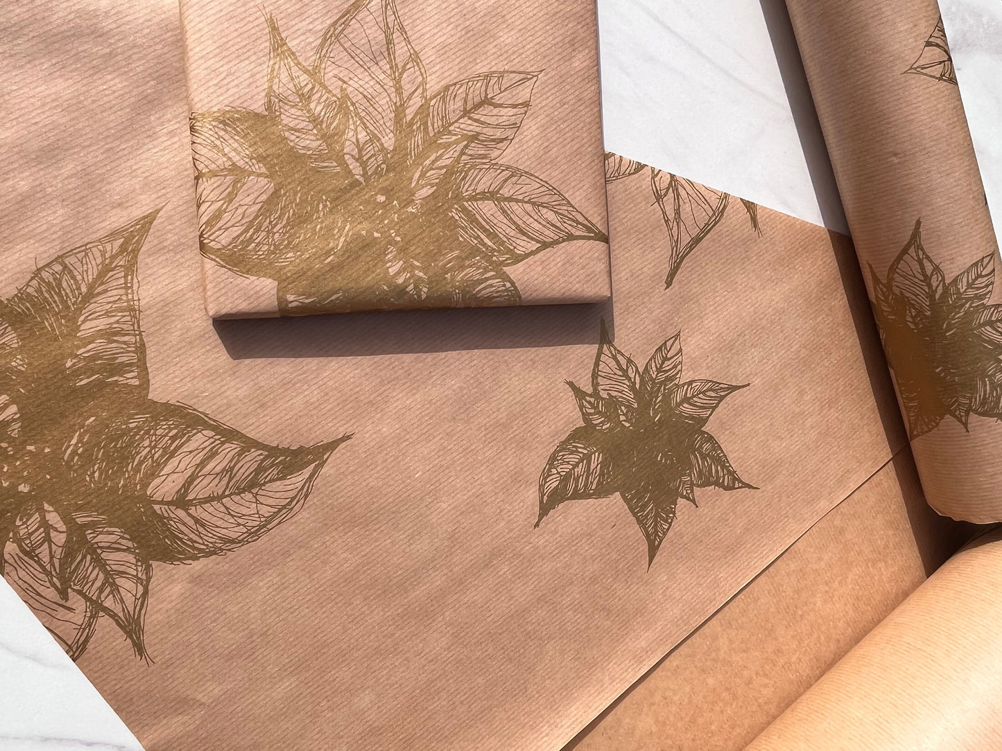 Wrapping Paper Christmas Gold Poinsettia 50CM Wide Eco Friendly, 100% Recycled Kraft | Recyclable, Sustainable, Plastic Free Gift Wrap