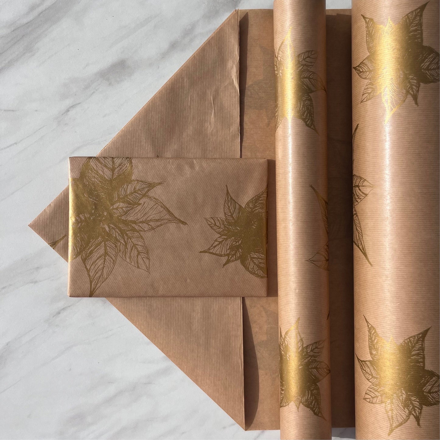 Christmas Gold Poinsettia Eco Friendly Gift Wrapping Paper, 100% Recycled & Recyclable, Luxury Sustainable Kraft Wrapping Paper