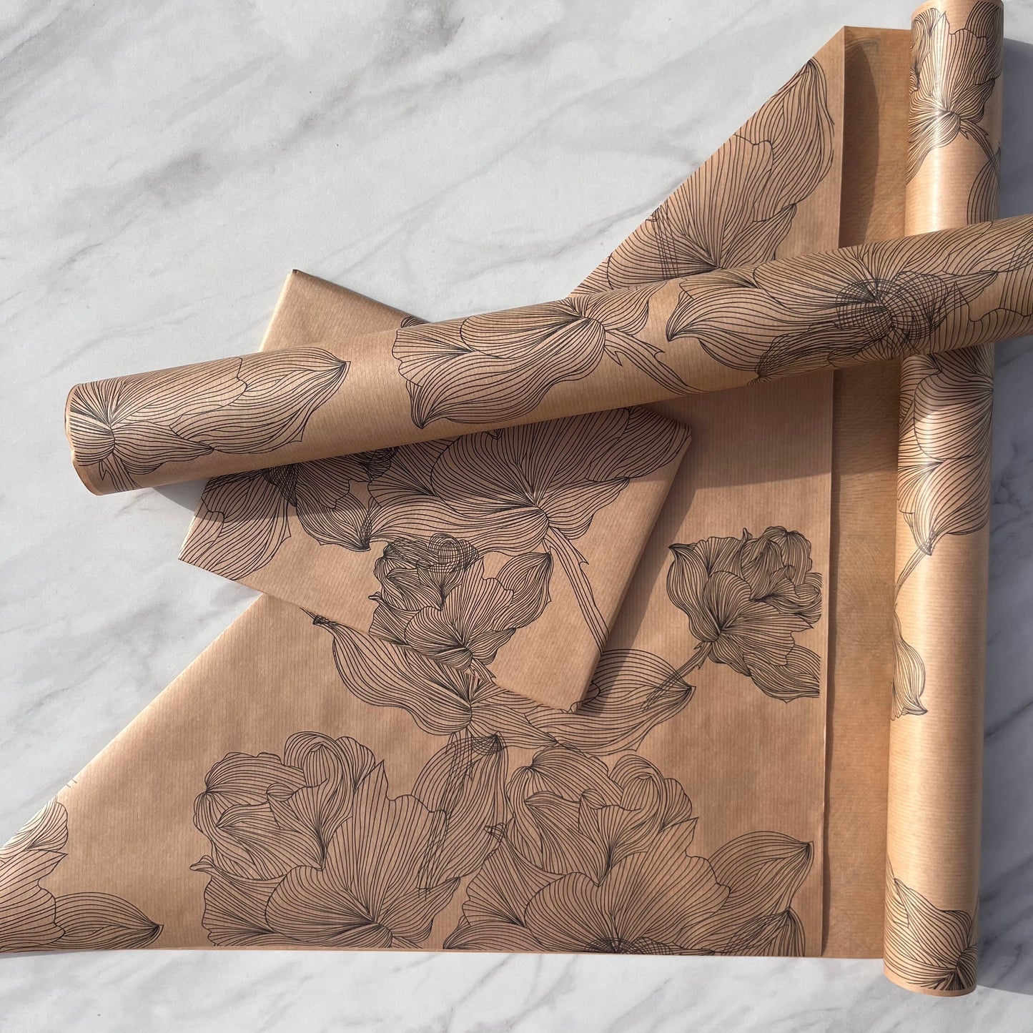 Wrapping Paper Black Floral Print 50CM Wide Eco Friendly, 100% Recycled Kraft | Recyclable, Sustainable, Plastic Free Gift Wrap
