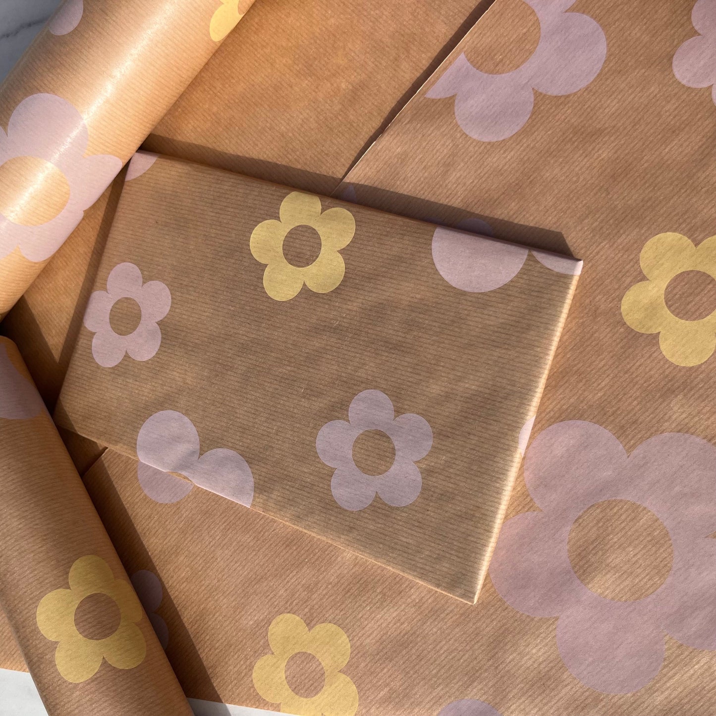 Wrapping Paper Purple Yellow Lilac Floral 50CM Wide Eco Friendly, 100% Recycled Kraft | Recyclable, Sustainable, Plastic Free Gift Wrap