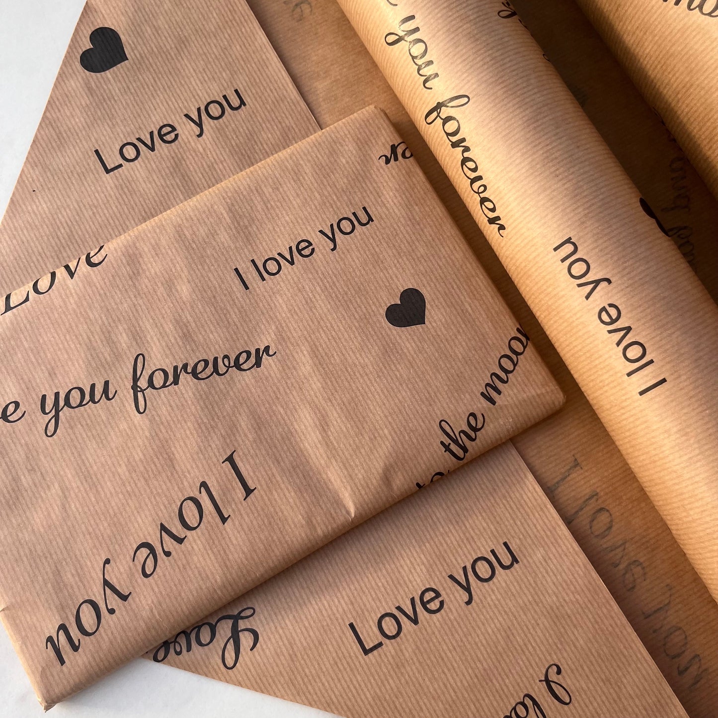 I Love You Print Eco Friendly Gift Wrapping Paper, 100% Recycled & Recyclable, Sustainable Kraft Wrap, Birthdays, Christmas, Valentines Day.