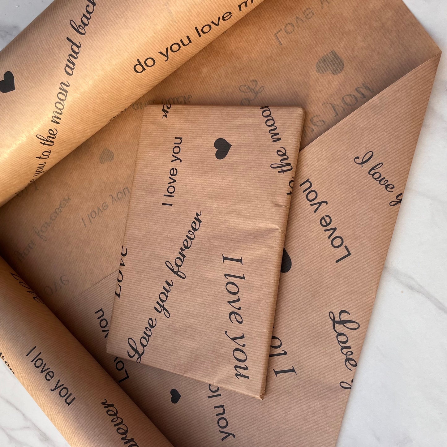 I Love You Print Eco Friendly Gift Wrapping Paper, 100% Recycled & Recyclable, Sustainable Kraft Wrap, Birthdays, Christmas, Valentines Day.