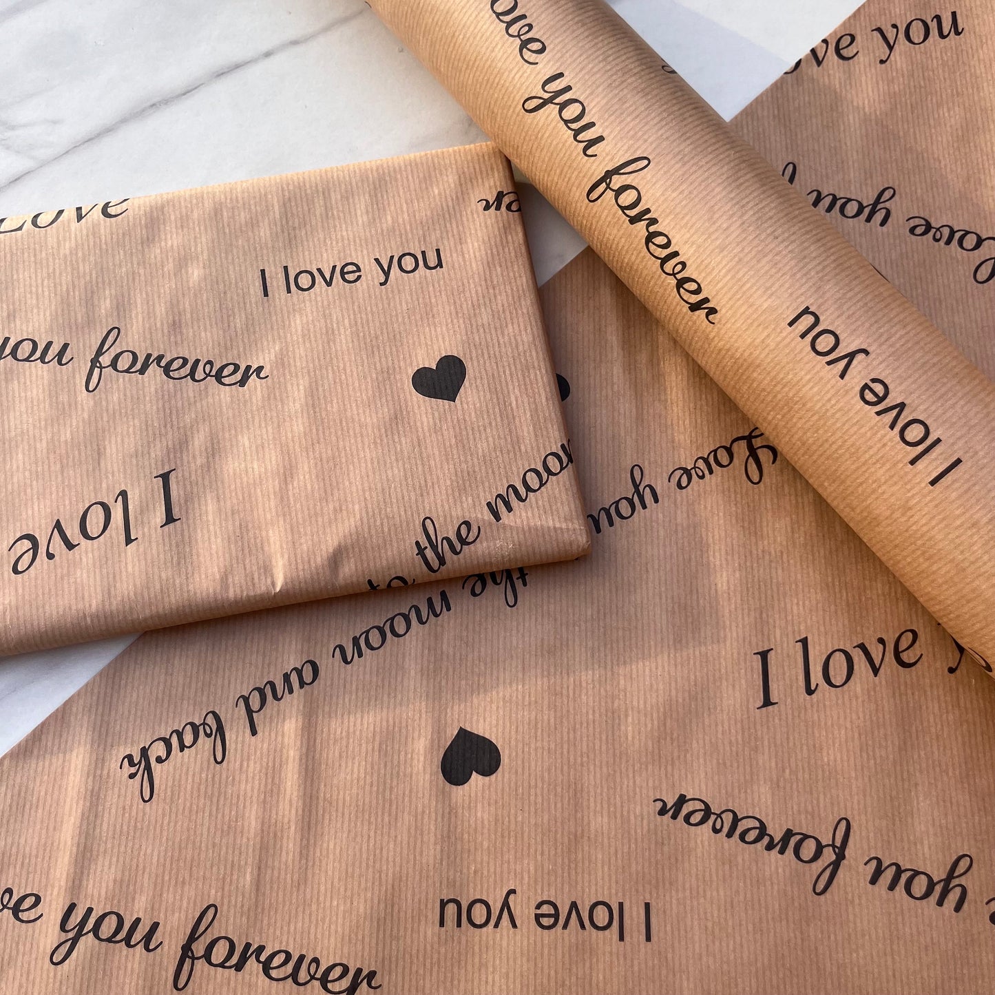 I Love You Print Eco Friendly Gift Wrapping Paper, 100% Recycled & Recyclable, Sustainable Kraft Wrap, Birthdays, Christmas, Valentines Day.