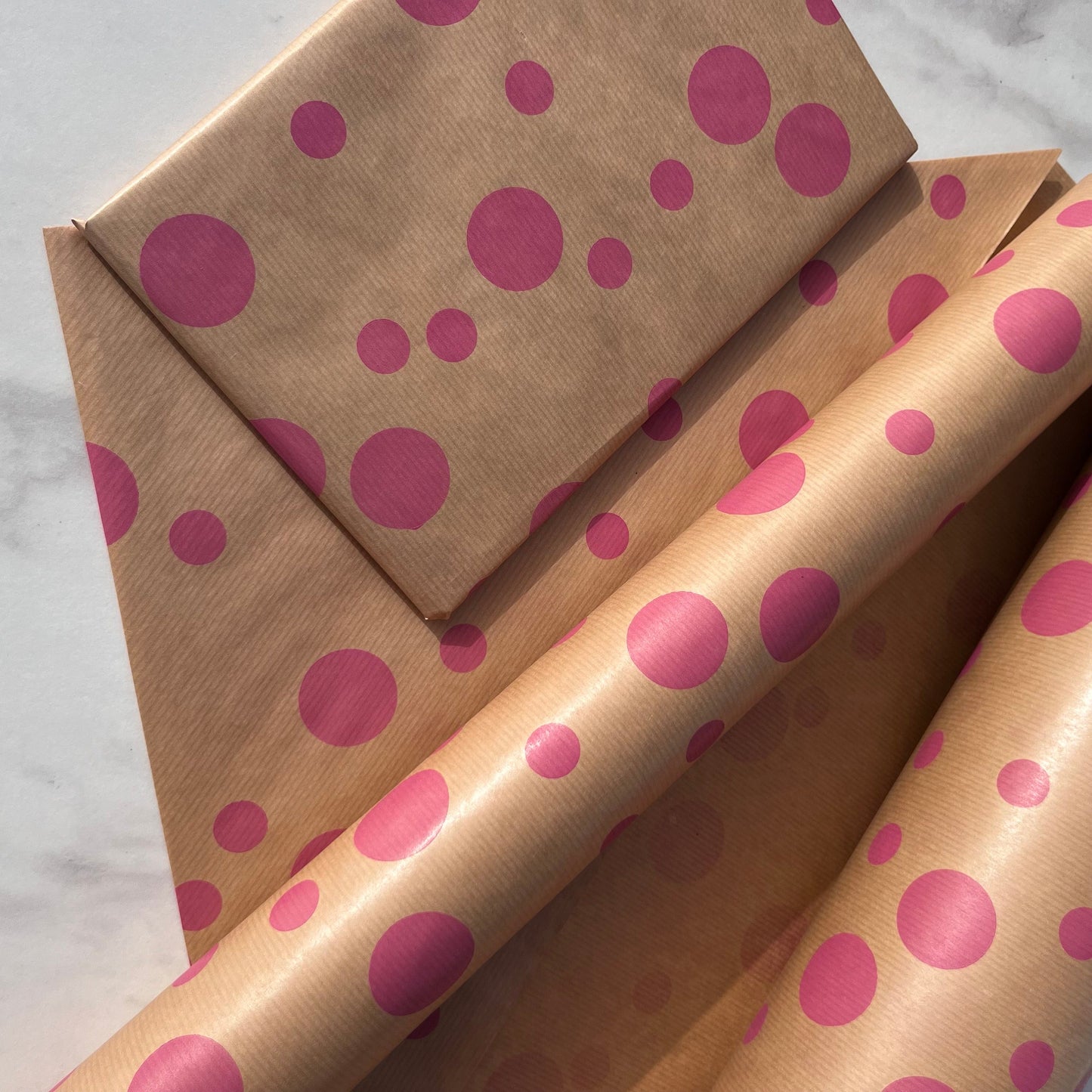 Wrapping Paper Pink Polka 50CM Wide Eco Friendly, 100% Recycled Kraft | Recyclable, Sustainable, Plastic Free Gift Wrap