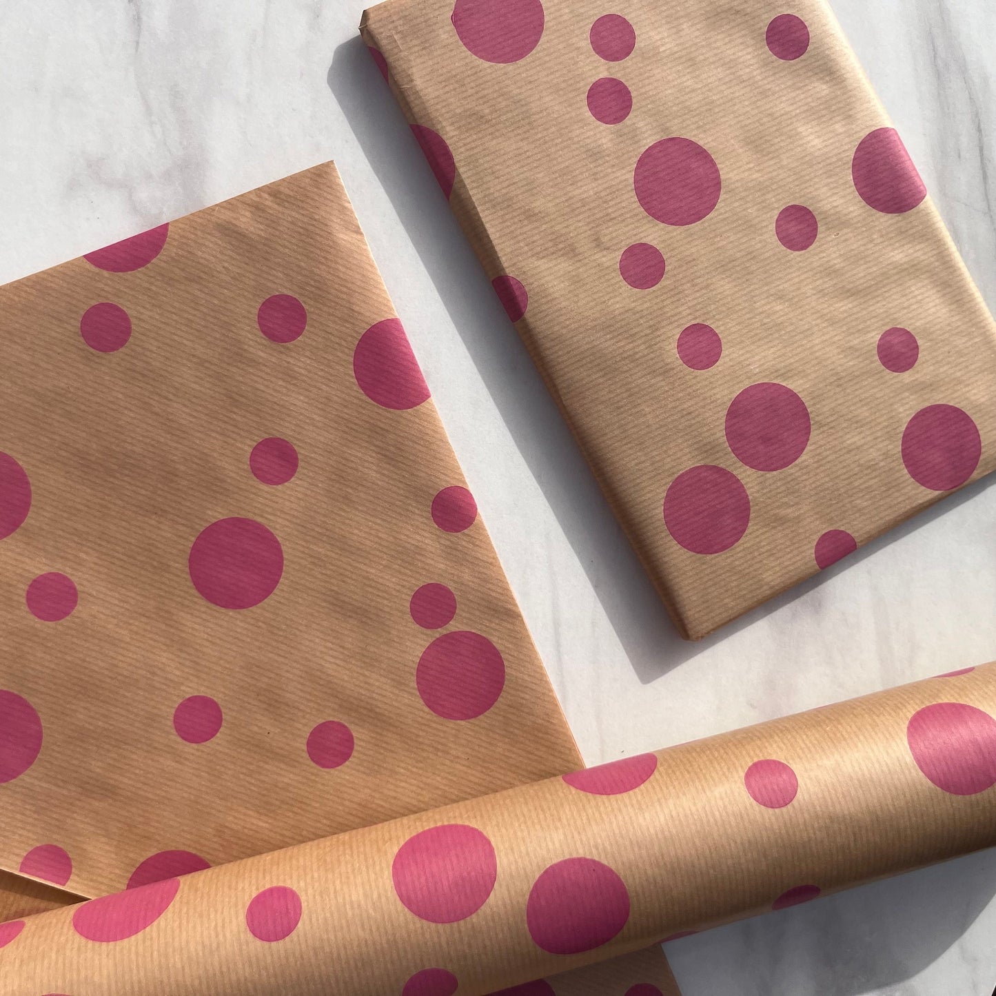 Wrapping Paper Pink Polka 50CM Wide Eco Friendly, 100% Recycled Kraft | Recyclable, Sustainable, Plastic Free Gift Wrap