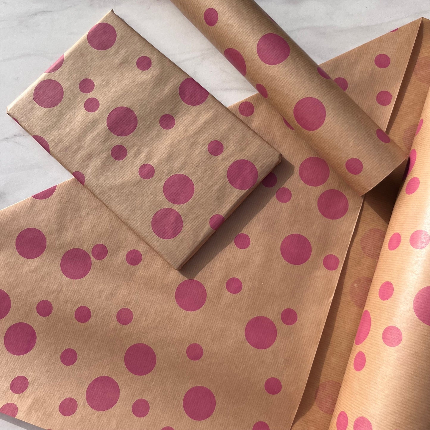 Wrapping Paper Pink Polka 50CM Wide Eco Friendly, 100% Recycled Kraft | Recyclable, Sustainable, Plastic Free Gift Wrap