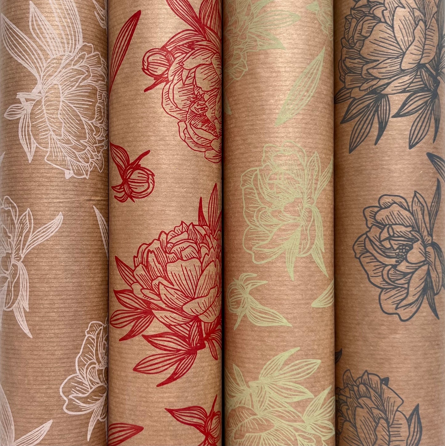 Wrapping Paper Red Floral Impressions 50CM Wide Eco Friendly, 100% Recycled Kraft | Recyclable, Sustainable, Plastic Free Gift Wrap
