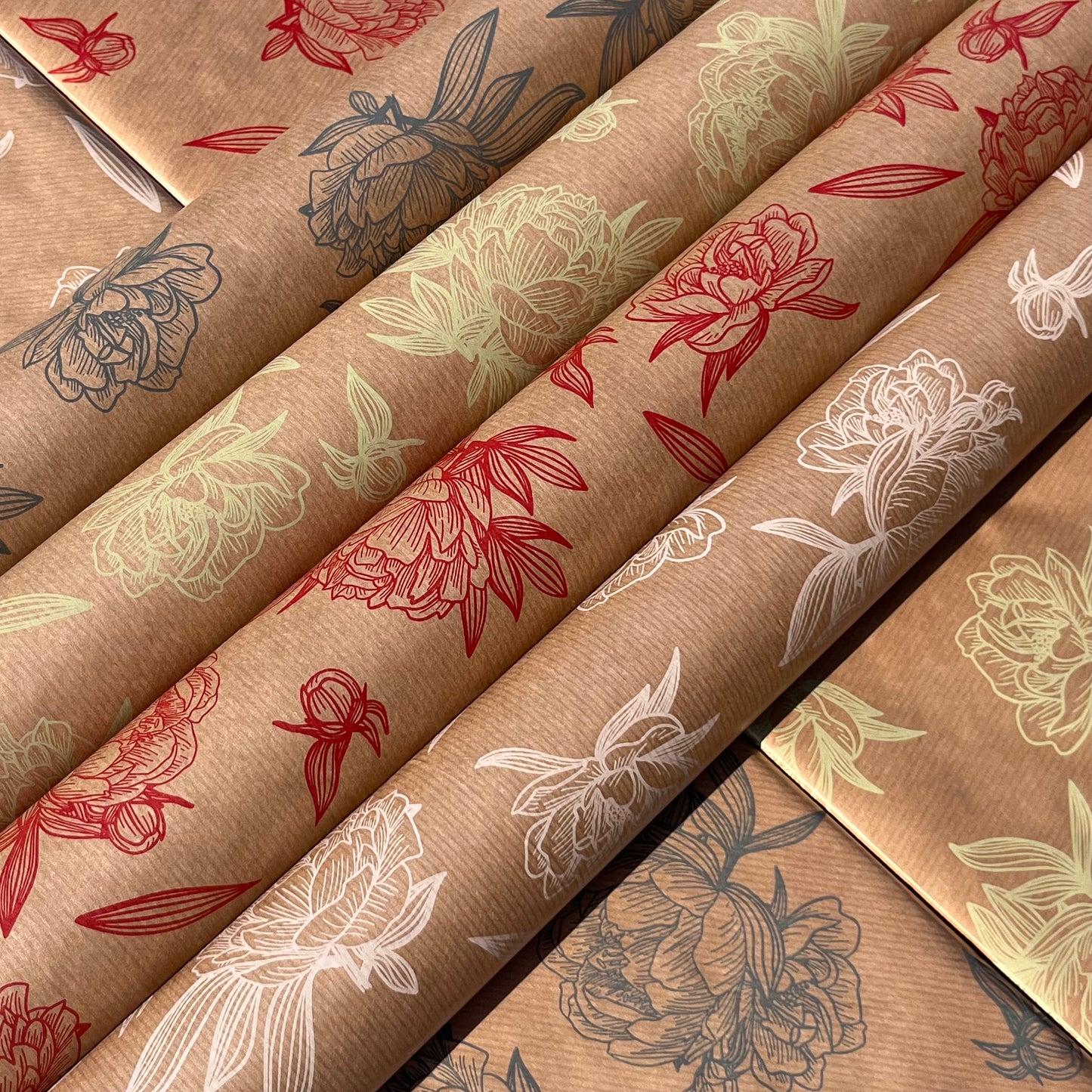 Wrapping Paper White Floral 50CM Wide Eco Friendly, 100% Recycled Kraft | Recyclable, Sustainable, Plastic Free Gift Wrap