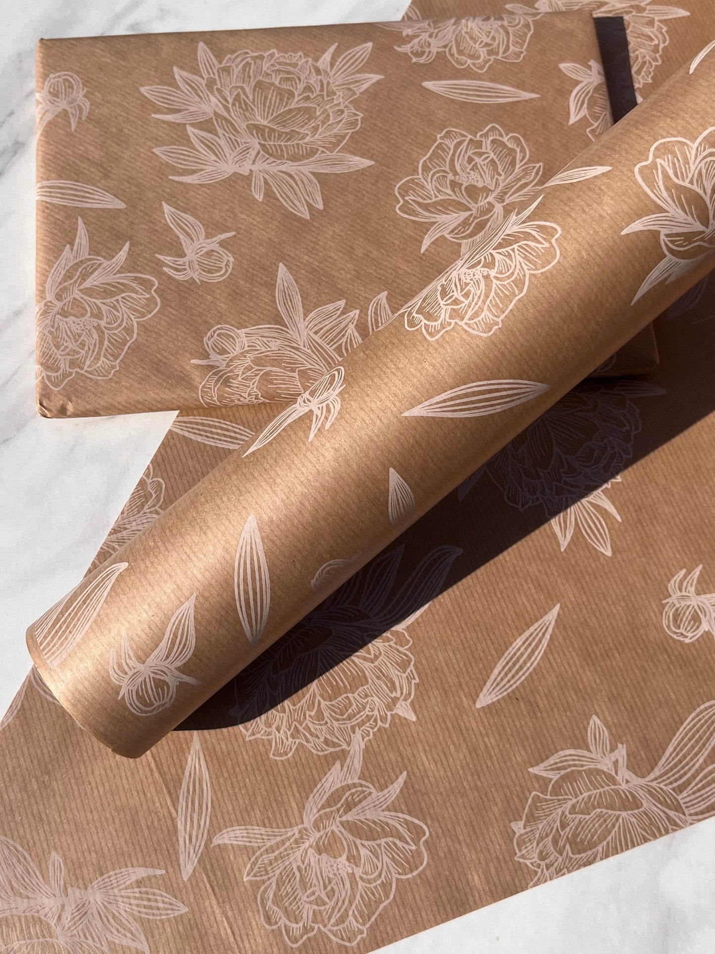 Wrapping Paper White Floral 50CM Wide Eco Friendly, 100% Recycled Kraft | Recyclable, Sustainable, Plastic Free Gift Wrap