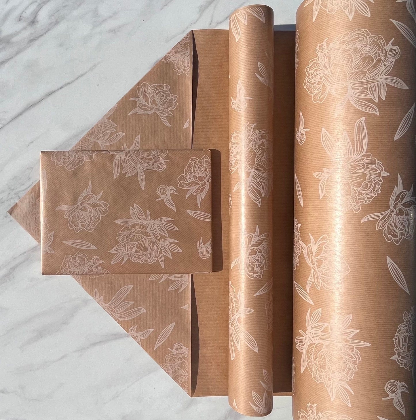 Wrapping Paper White Floral 50CM Wide Eco Friendly, 100% Recycled Kraft | Recyclable, Sustainable, Plastic Free Gift Wrap