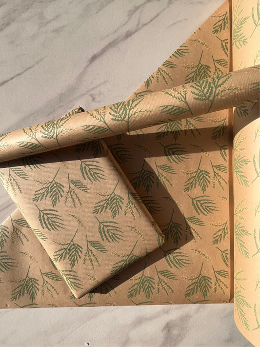 Wrapping Paper Mimosa Flowers 50CM Wide Eco Friendly, 100% Recycled Kraft | Recyclable, Sustainable, Plastic Free Gift Wrap