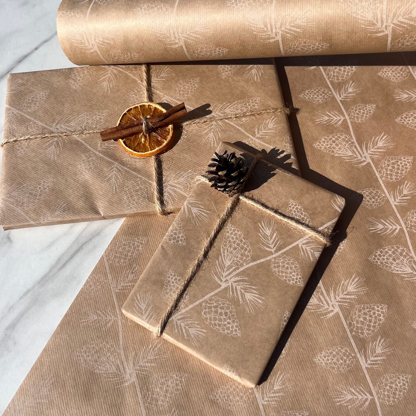 Wrapping Paper Christmas Pine Cones 50CM Wide Eco Friendly, 100% Recycled Kraft | Recyclable, Sustainable, Plastic Free Gift Wrap