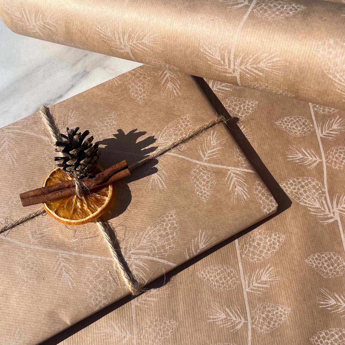 Wrapping Paper Christmas Pine Cones 50CM Wide Eco Friendly, 100% Recycled Kraft | Recyclable, Sustainable, Plastic Free Gift Wrap