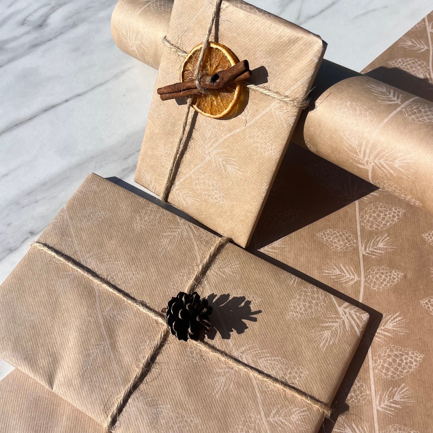 Wrapping Paper Christmas Pine Cones 50CM Wide Eco Friendly, 100% Recycled Kraft | Recyclable, Sustainable, Plastic Free Gift Wrap
