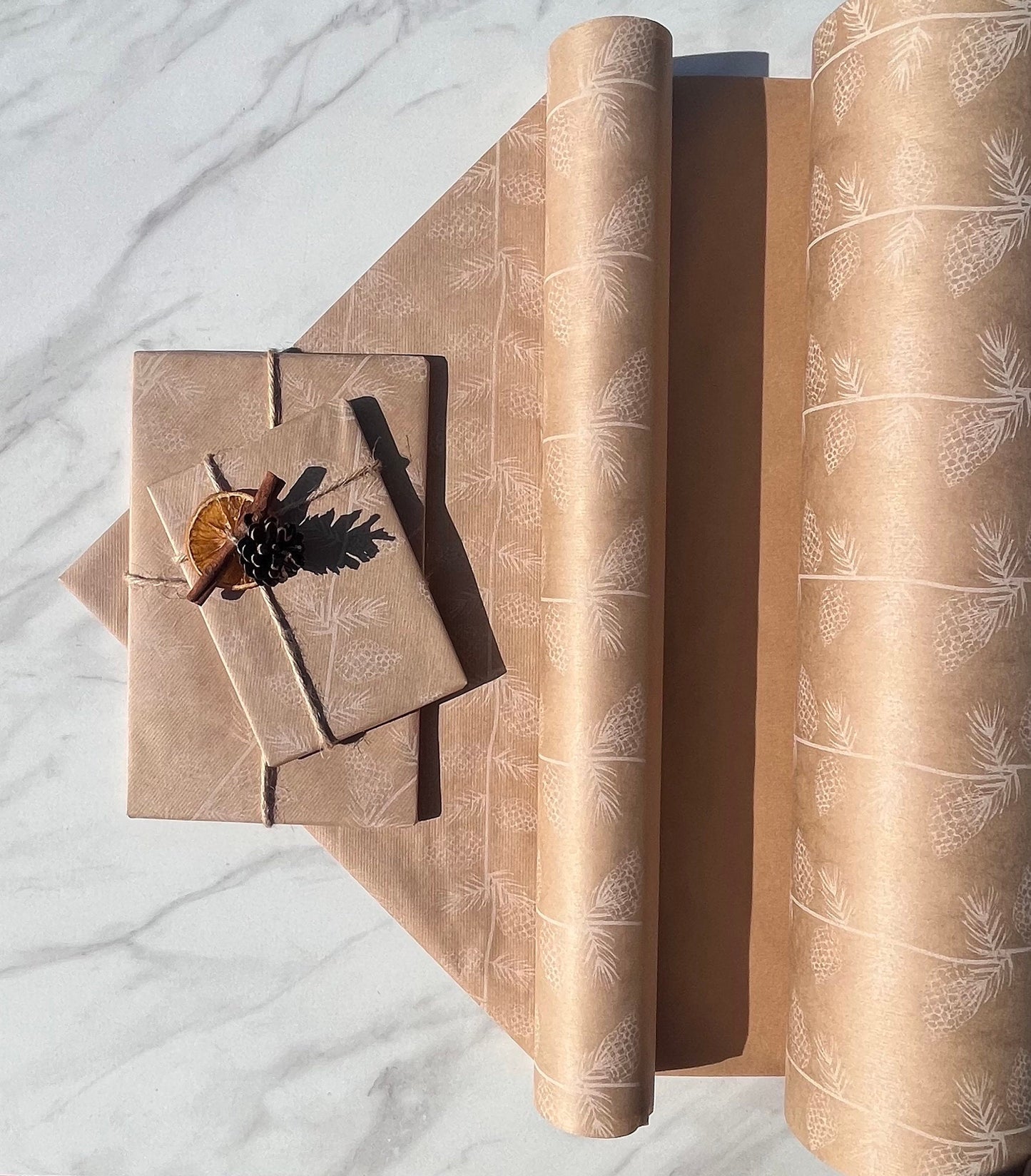 Wrapping Paper Christmas Pine Cones 50CM Wide Eco Friendly, 100% Recycled Kraft | Recyclable, Sustainable, Plastic Free Gift Wrap