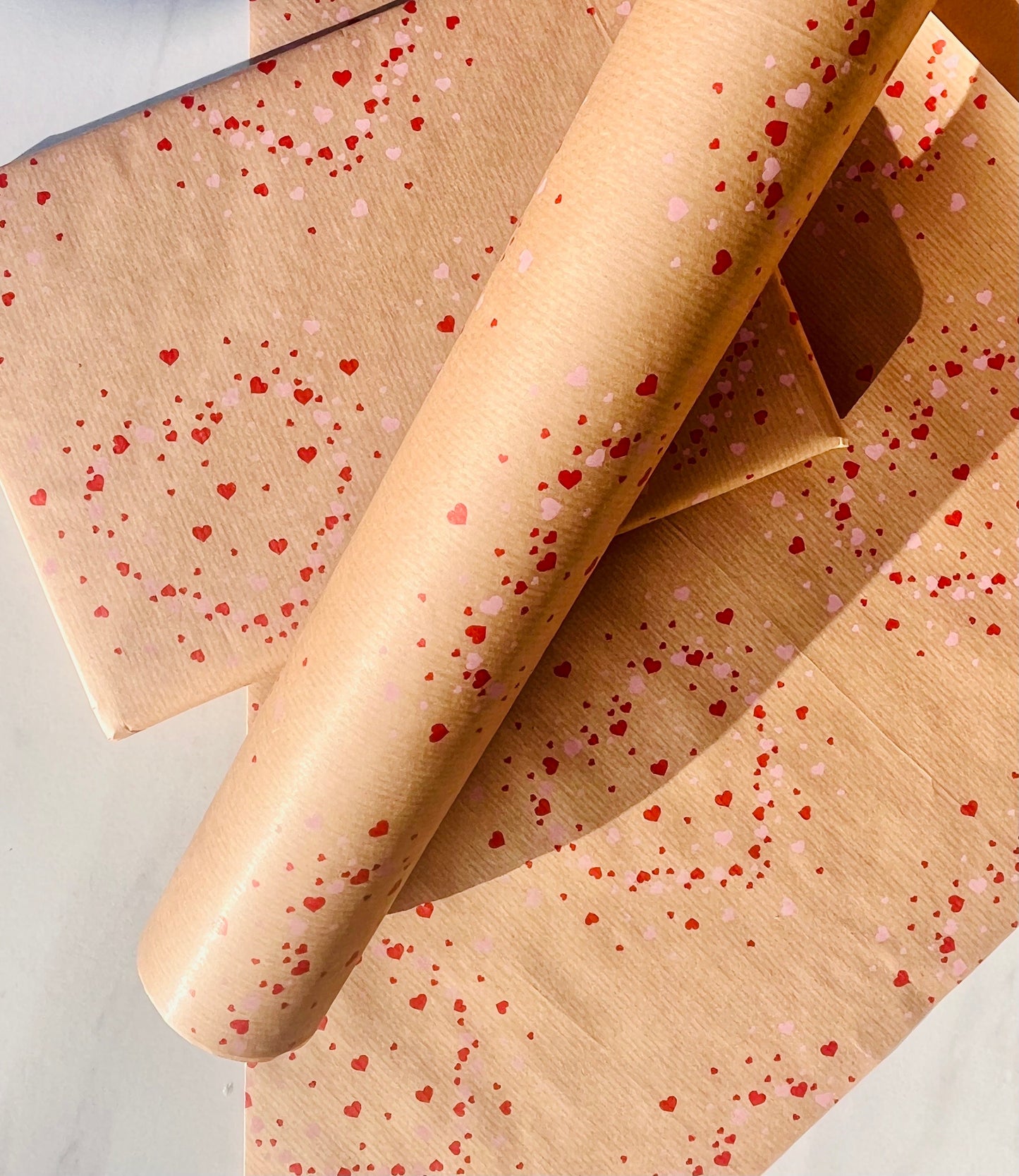 Wrapping Paper Pink Red Confetti Hearts 50CM Wide Eco Friendly, 100% Recycled Kraft | Recyclable, Sustainable, Plastic Free Gift Wrap