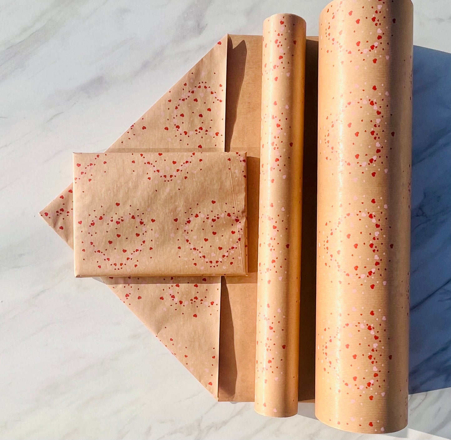 Wrapping Paper Pink Red Confetti Hearts 50CM Wide Eco Friendly, 100% Recycled Kraft | Recyclable, Sustainable, Plastic Free Gift Wrap