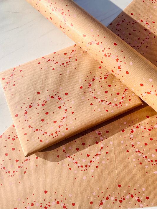 Wrapping Paper Pink Red Confetti Hearts 50CM Wide Eco Friendly, 100% Recycled Kraft | Recyclable, Sustainable, Plastic Free Gift Wrap