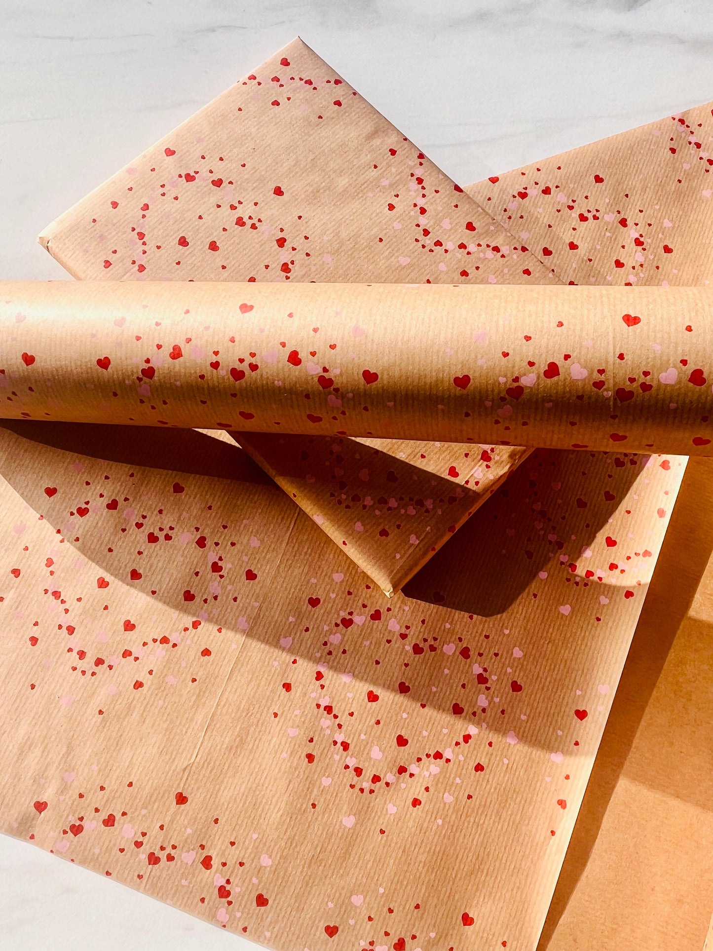 Wrapping Paper Pink Red Confetti Hearts 50CM Wide Eco Friendly, 100% Recycled Kraft | Recyclable, Sustainable, Plastic Free Gift Wrap