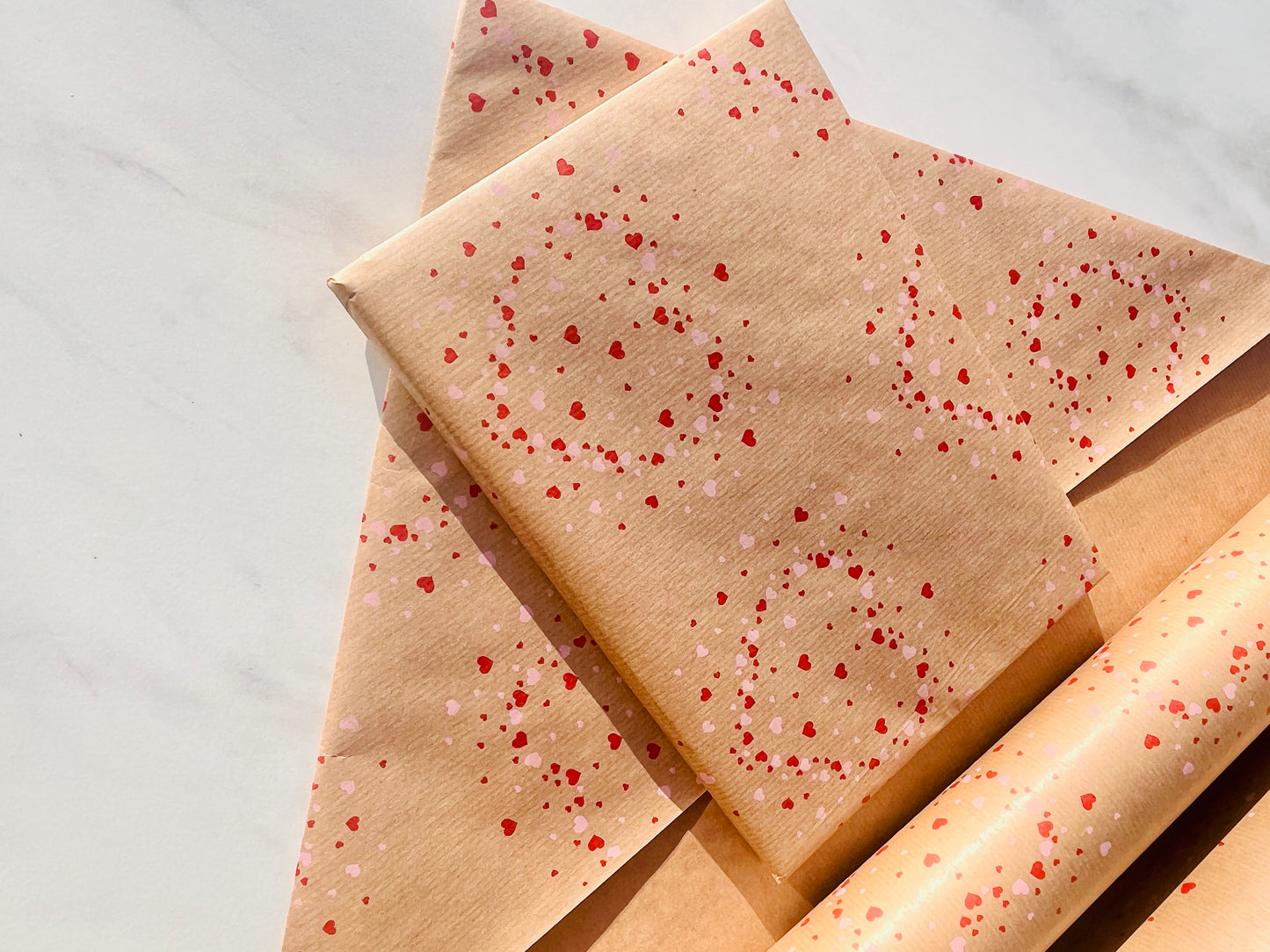 Wrapping Paper Pink Red Confetti Hearts 50CM Wide Eco Friendly, 100% Recycled Kraft | Recyclable, Sustainable, Plastic Free Gift Wrap